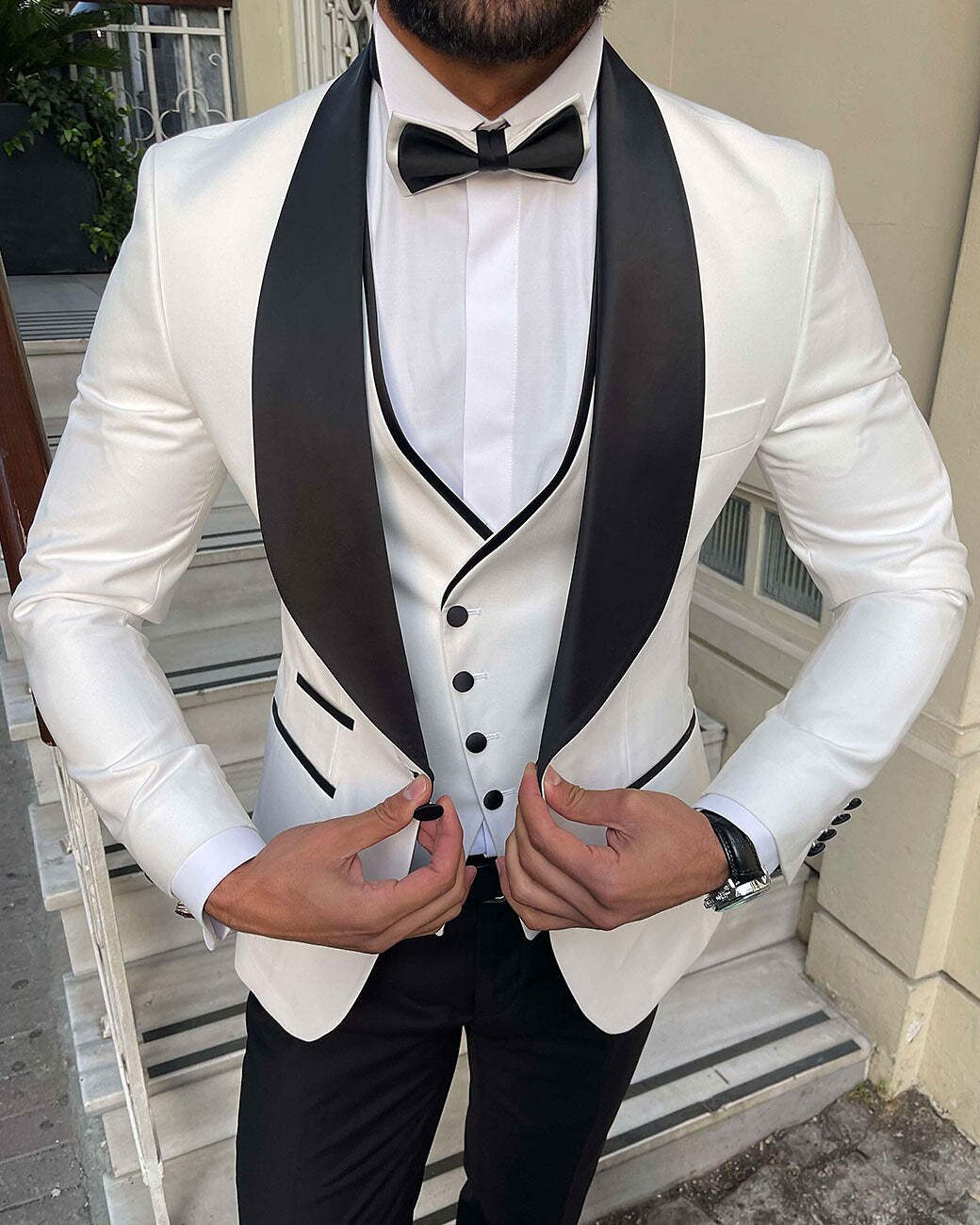 Men's Tailored Fit White Champagne Gray One-Button Single Breasted 3-Piece Party Suit-BMbridal