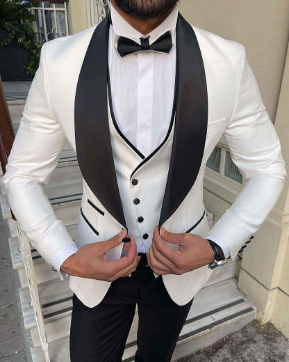 Men's Tailored Fit White Champagne Gray One-Button Single Breasted 3-Piece Party Suit-BMbridal