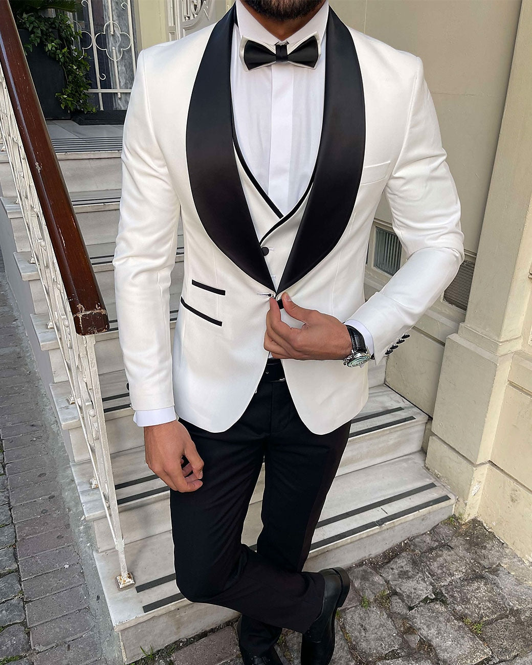 Men's Tailored Fit White Champagne Gray One-Button Single Breasted 3-Piece Party Suit-BMbridal