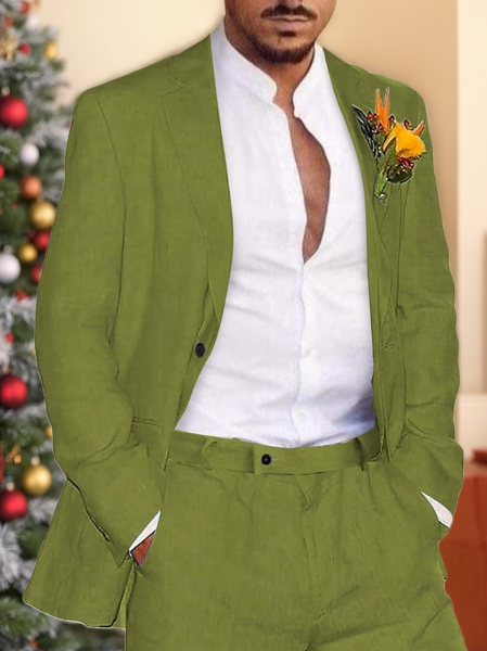 Solid Colored Linen Suit For Men Tailored Fit Single Breasted With Two Buttons