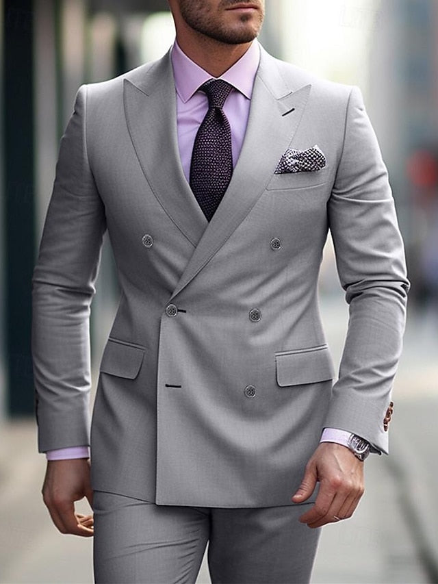 Double Breasted Six Button Wedding Suit For Men Tailored Fit 2 Piece Set