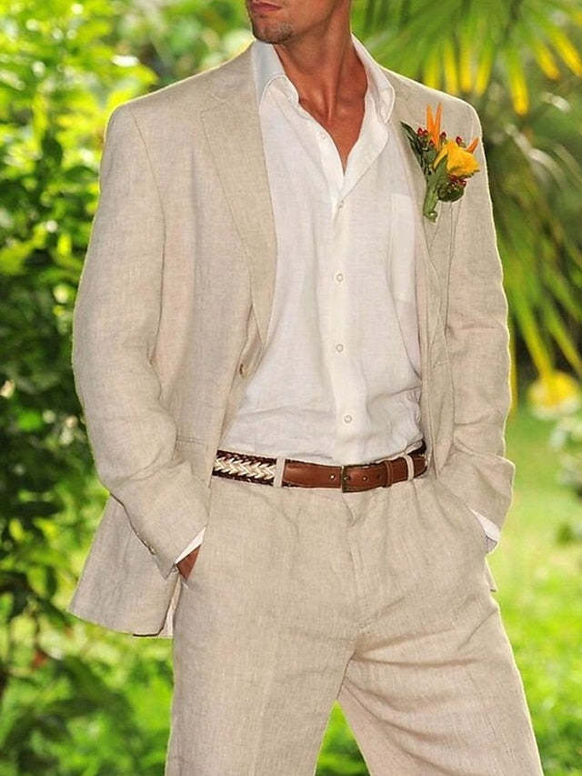 Two-Button Single-Breasted Linen Suit Set For Men Tailored Fit-BMbridal