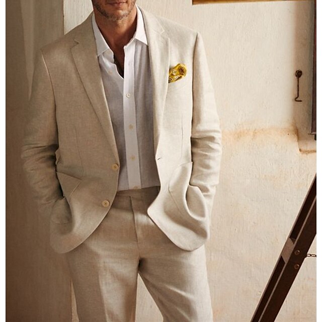 Two-Button Single-Breasted Linen Suit Set For Men Tailored Fit-BMbridal