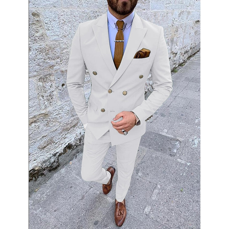Double Breasted Six-Button Men's Wedding Suit In Solid Colors Tailored Fit 2-Piece Set-BMbridal