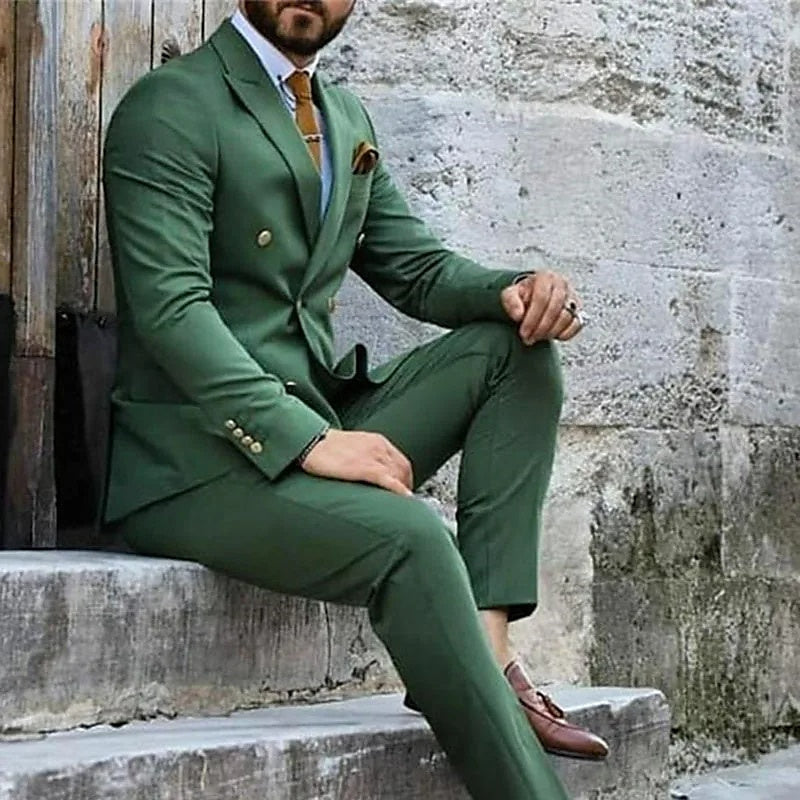 Double Breasted Six-Button Men's Wedding Suit In Solid Colors Tailored Fit 2-Piece Set-BMbridal