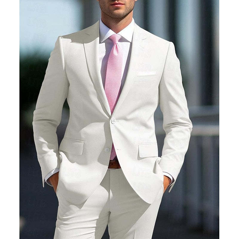 White And Pink Two-Piece Men's Wedding Suit With Tailored Fit And Single Breasted Design-BMbridal