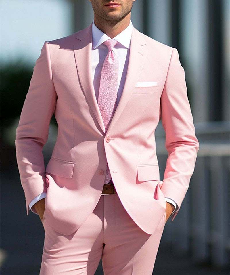 White And Pink Two-Piece Men's Wedding Suit With Tailored Fit And Single Breasted Design-BMbridal