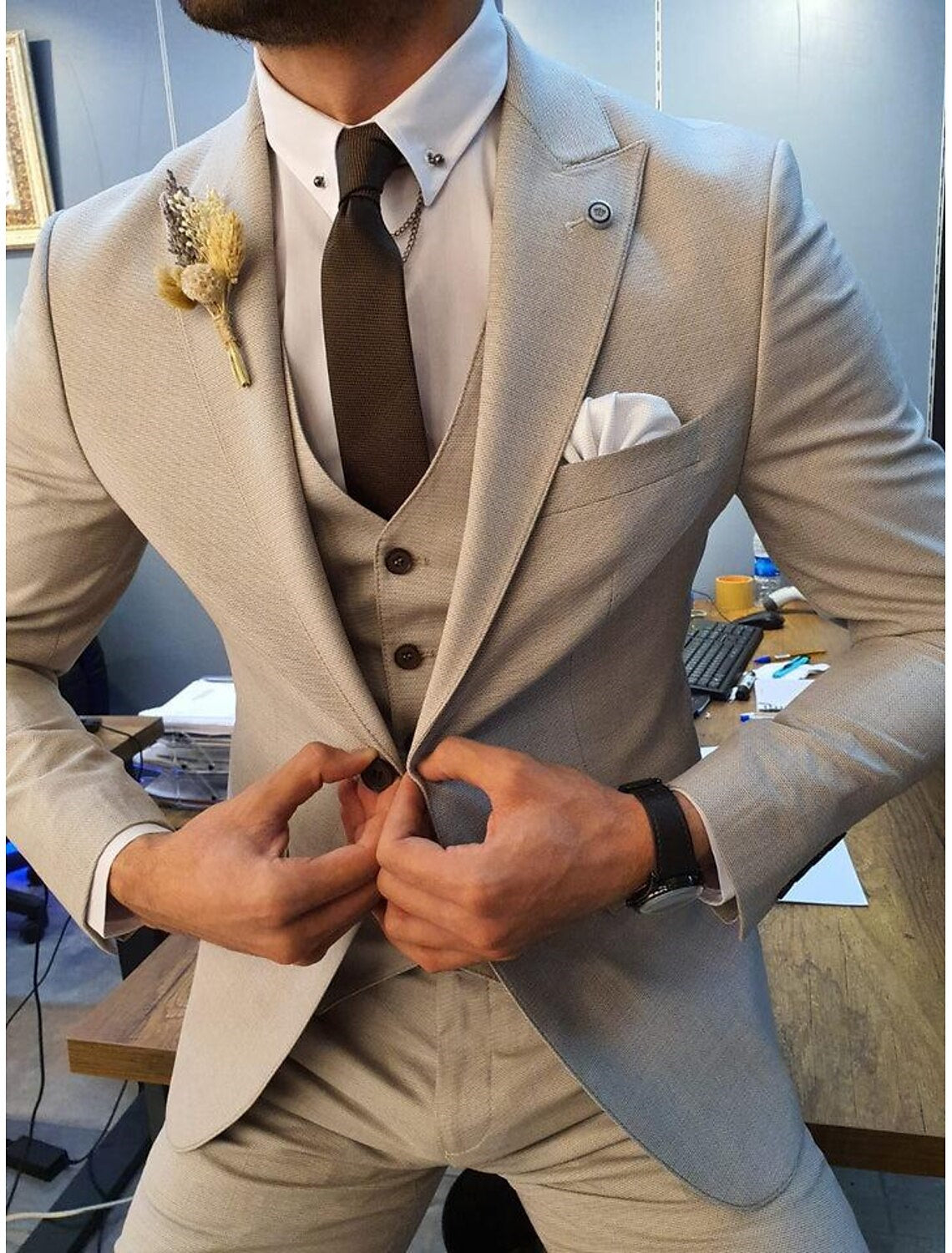 Single-Breasted One-Button Tailored Fit Men's 3-Piece Formal Wedding Suit-BMbridal