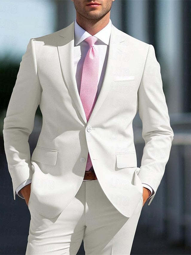 White And Pink Two-Piece Wedding Suit For Men Tailored Fit With Single Breast And Two Buttons-BMbridal