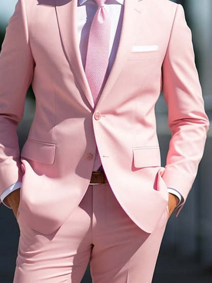 White And Pink Two-Piece Wedding Suit For Men Tailored Fit With Single Breast And Two Buttons-BMbridal