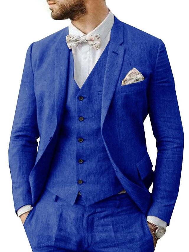 Tailored Fit Men's Linen Wedding Suit In 3 Pieces With Single Breasted Two-Buttons-BMbridal