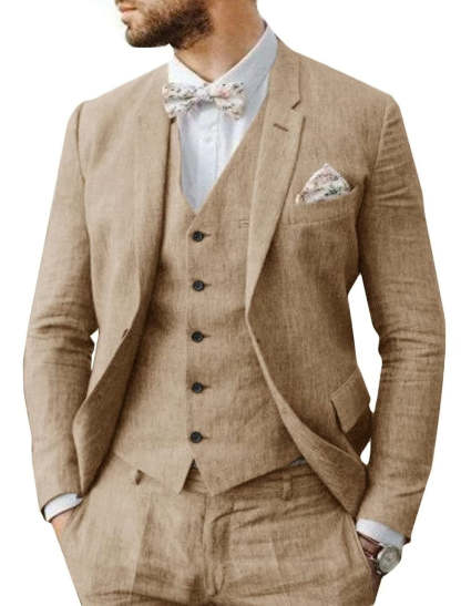 Tailored Fit Men's Linen Wedding Suit In 3 Pieces With Single Breasted Two-Buttons-BMbridal