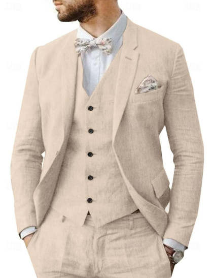 Tailored Fit Men's Linen Wedding Suit In 3 Pieces With Single Breasted Two-Buttons-BMbridal