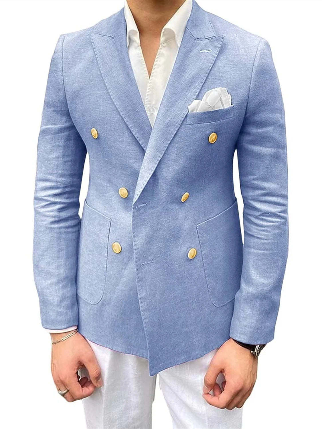 Tailored Double-Breasted Linen Blazer For Men With Six Buttons-BMbridal