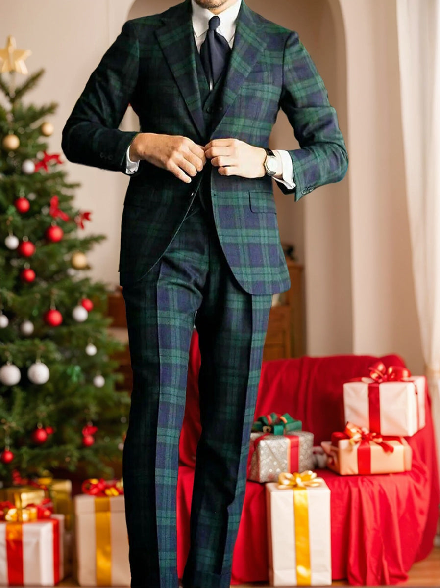 Men's Dark Green Plaid Wedding Suit - Tailored Fit Single Breasted 3 Piece With Two Buttons-BMbridal