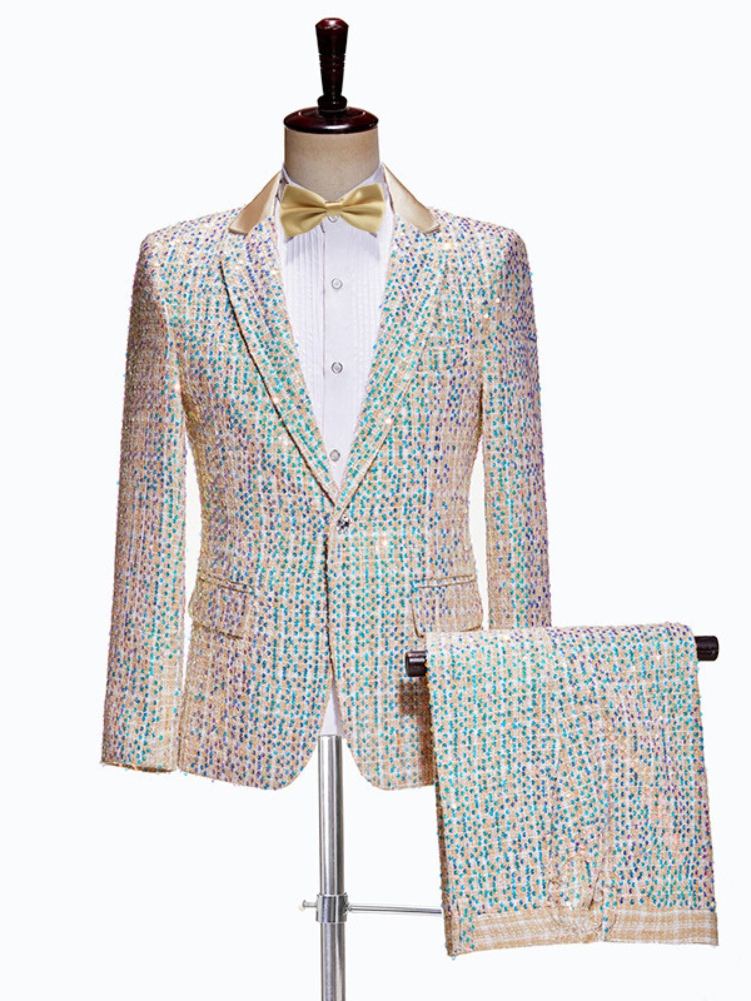 Champagne Sequin Two Piece Wedding Suit For Men Slim Fit With Single Button