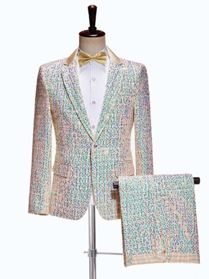 Champagne Sequin Two Piece Wedding Suit For Men Slim Fit With Single Button