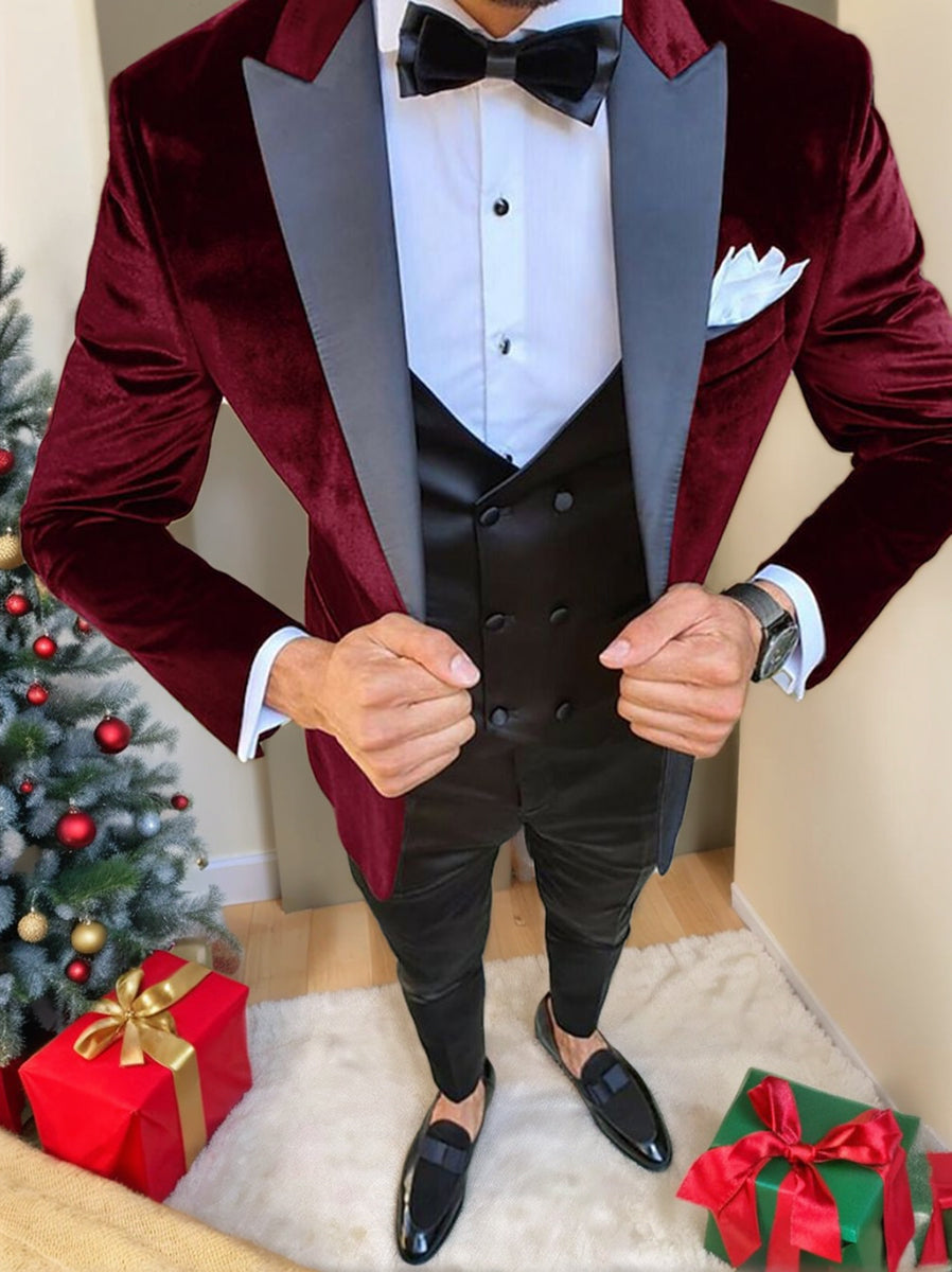 Men's Vintage Velvet One-Button Jacket In Black Blue And Burgundy-BMbridal