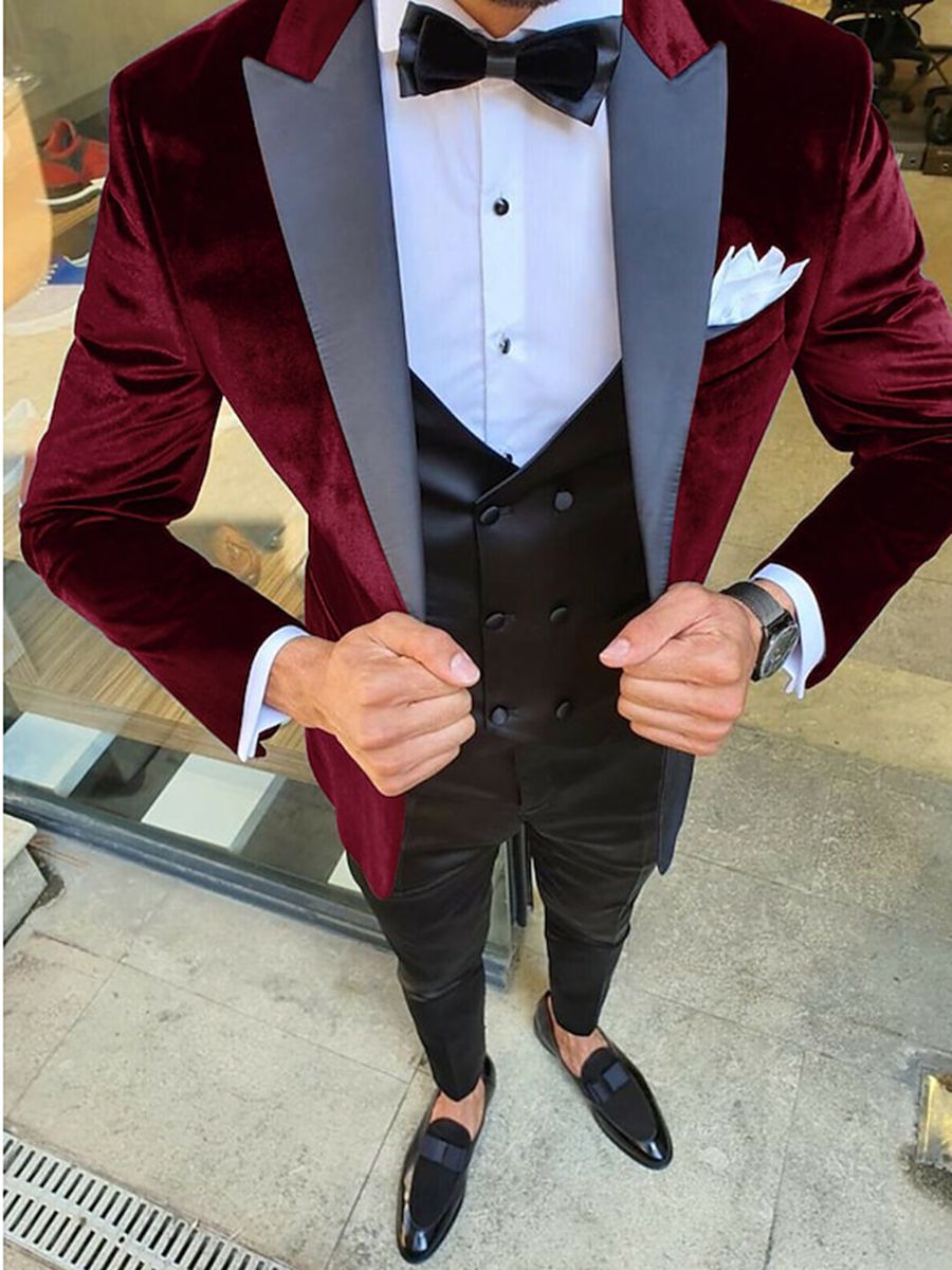 Men's Vintage Velvet One-Button Jacket In Black Blue And Burgundy-BMbridal