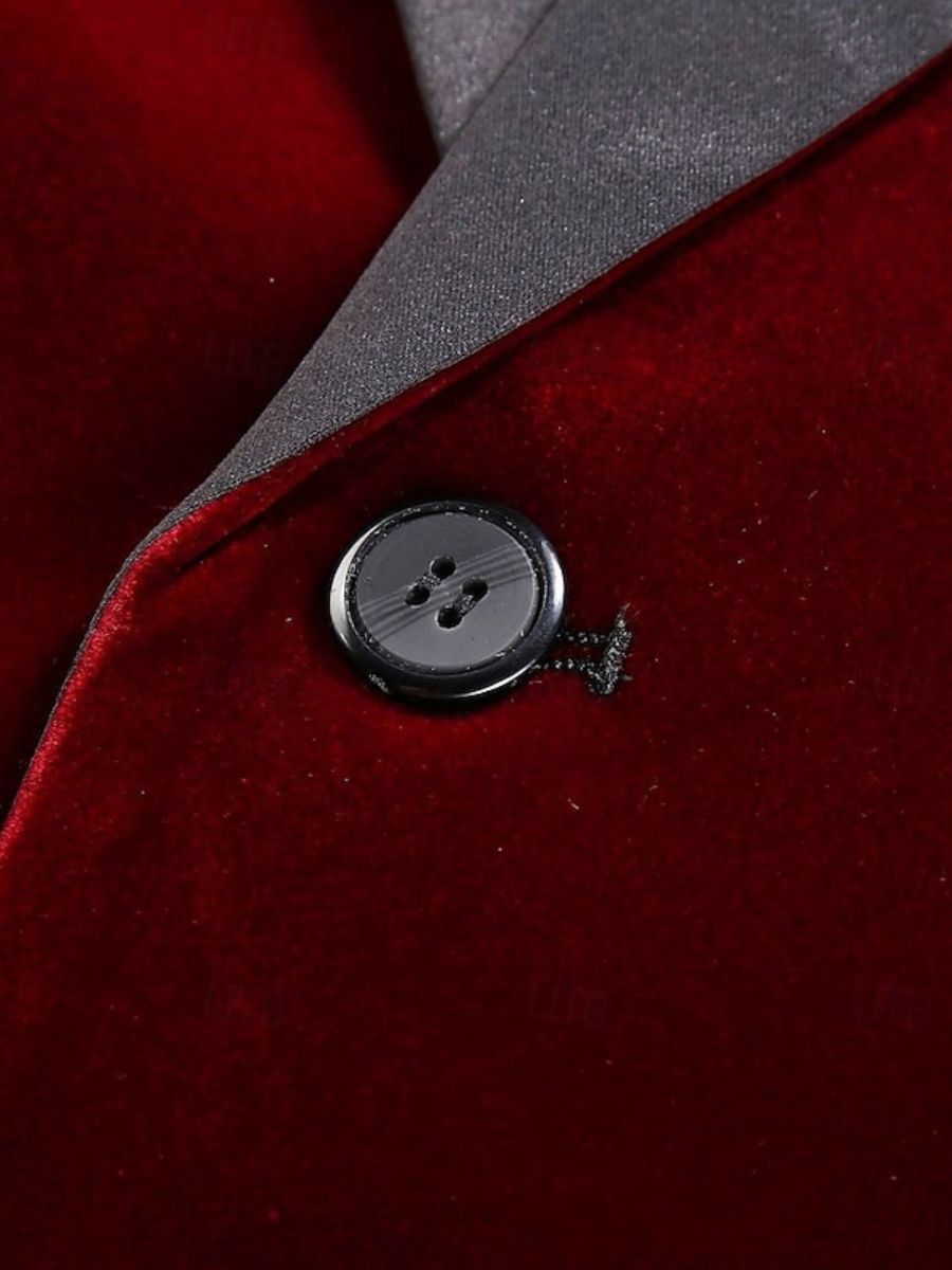 Men's Velvet Red Blazer With Peak Neck And Single-Button Closure-BMbridal