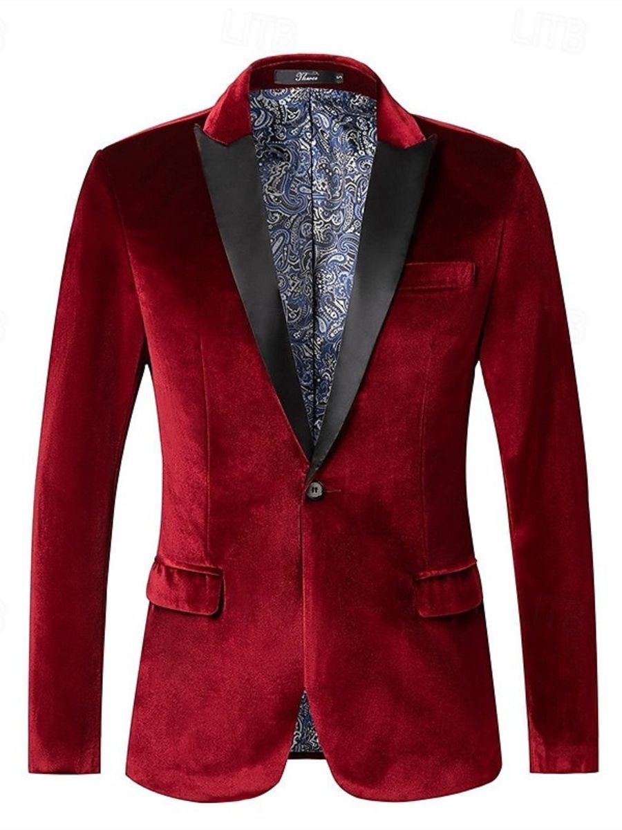 Men's Velvet Red Blazer With Peak Neck And Single-Button Closure-BMbridal