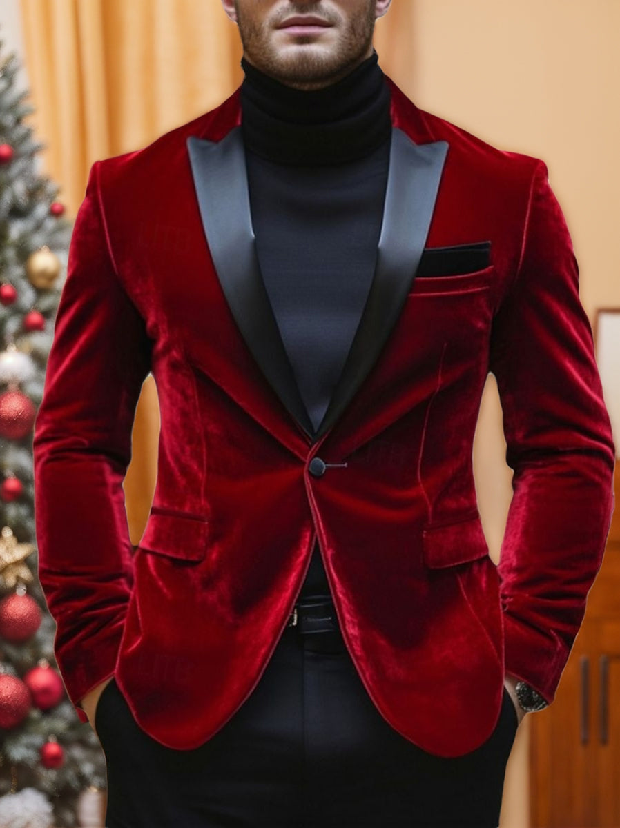 Men's Velvet Red Blazer With Peak Neck And Single-Button Closure-BMbridal