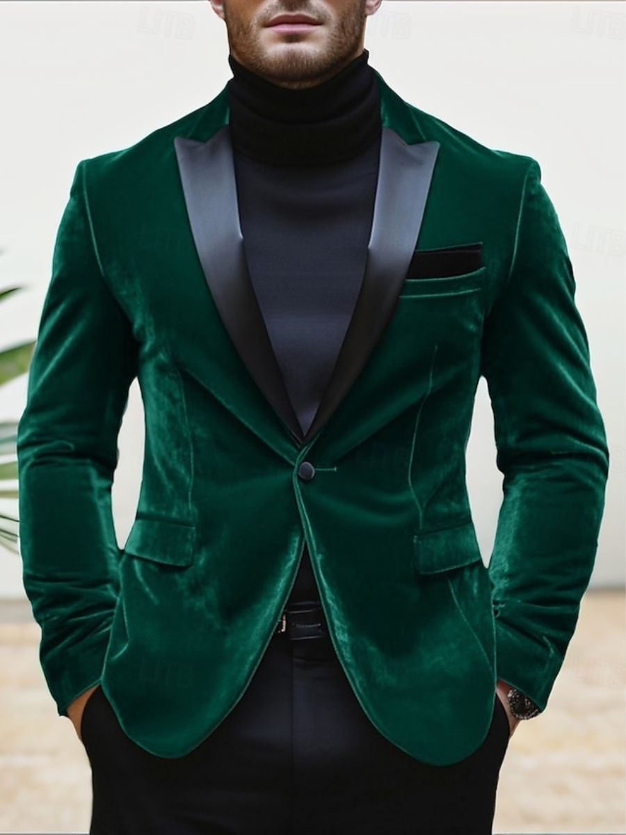 Men's Velvet Red Blazer With Peak Neck And Single-Button Closure-BMbridal