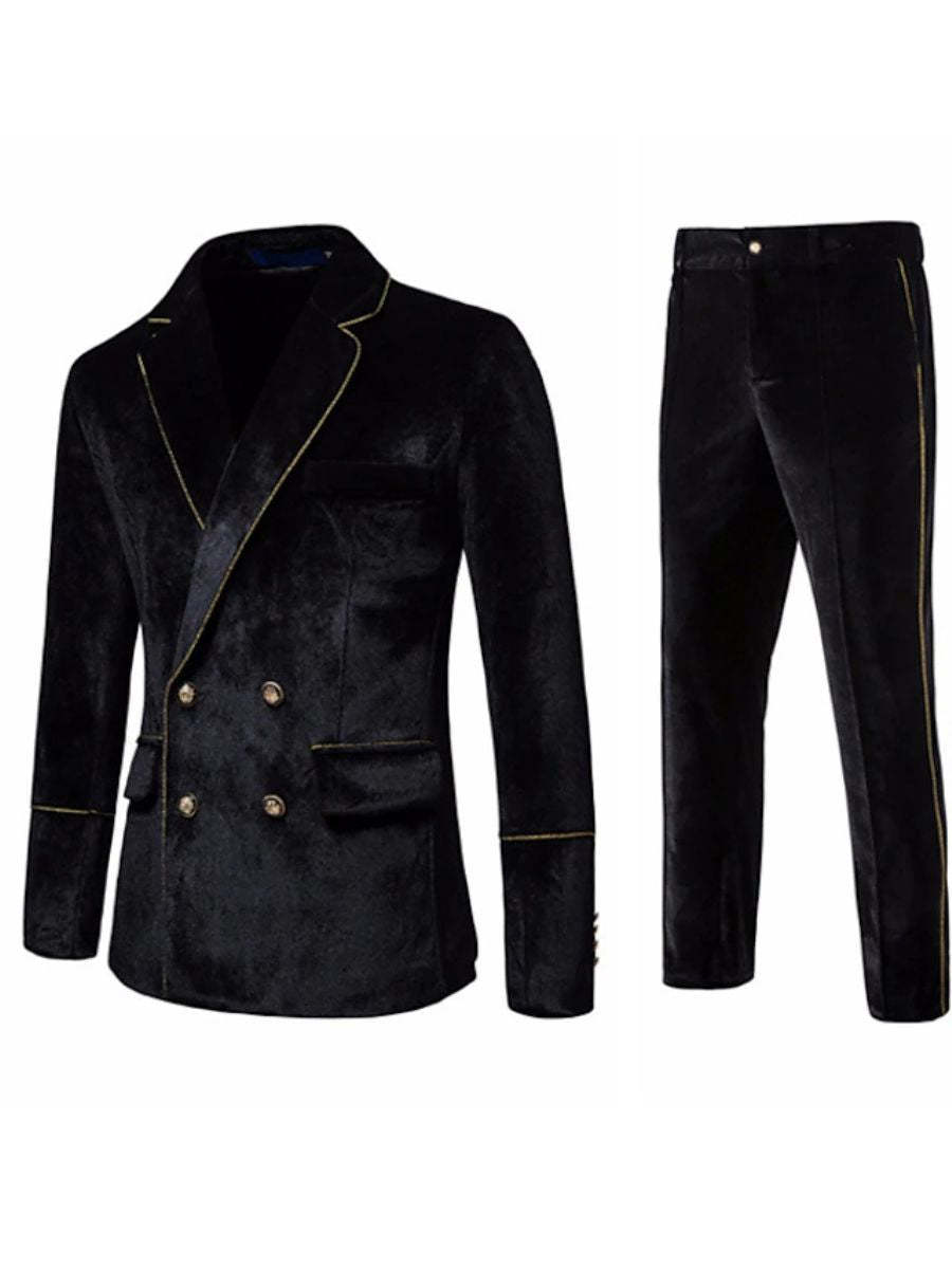 Solid Color Black Retro Notch Suit For Men With Double Breasted Four-Button Design-BMbridal