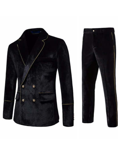 Solid Color Black Retro Notch Suit For Men With Double Breasted Four-Button Design-BMbridal