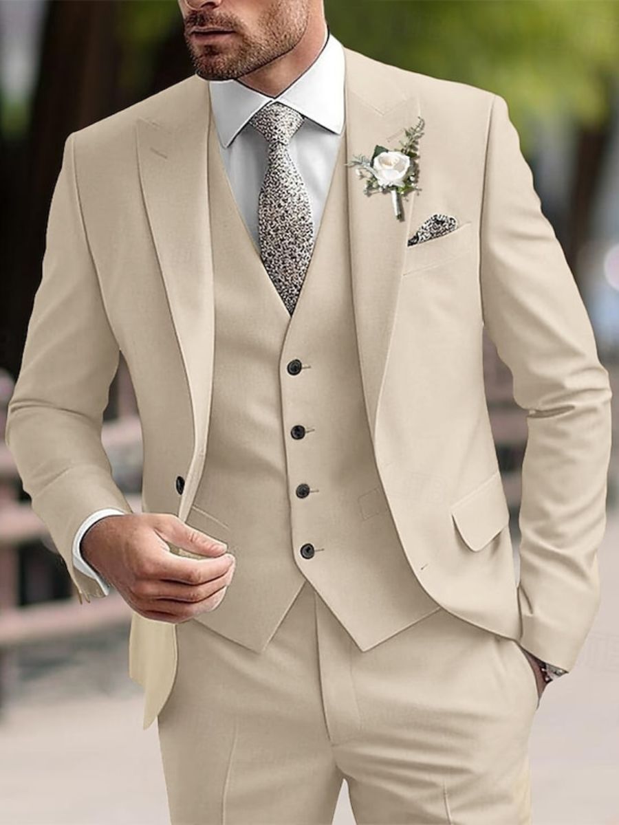 Men's Beige 3-Piece Single-Breasted Two-Button Formal Wedding Suit-BMbridal