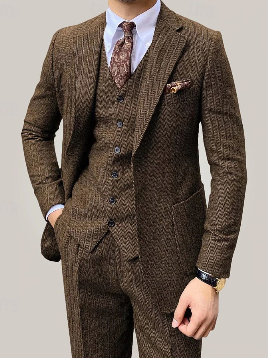 Men's Brown 3-Piece Single-Breasted Two-Button Suit For Weddings And Daily Wear-BMbridal
