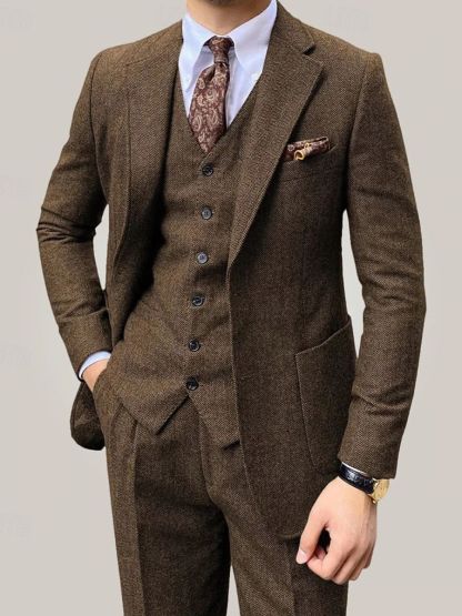 Men's Brown 3-Piece Single-Breasted Two-Button Suit For Weddings And Daily Wear-BMbridal