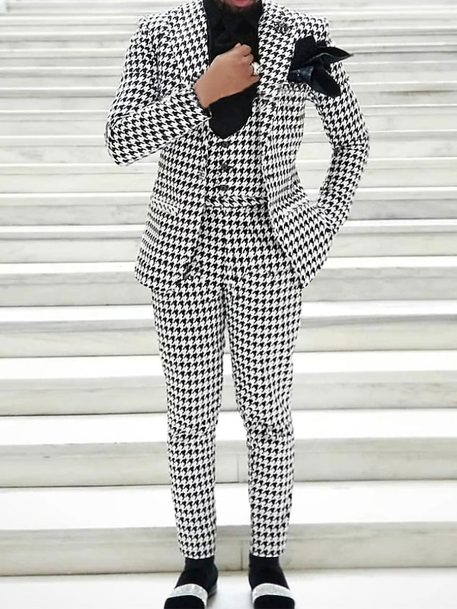 Men's Retro Black And White Tweed Single-Button Suit For Casual Or Wedding Parties-BMbridal