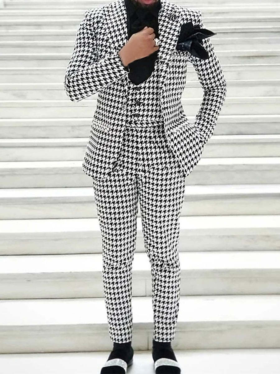 Men's Retro Black And White Tweed Single-Button Suit For Casual Or Wedding Parties-BMbridal