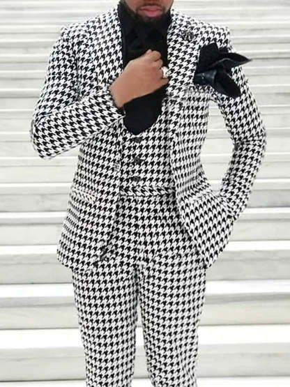 Men's Retro Black And White Tweed Single-Button Suit For Casual Or Wedding Parties-BMbridal