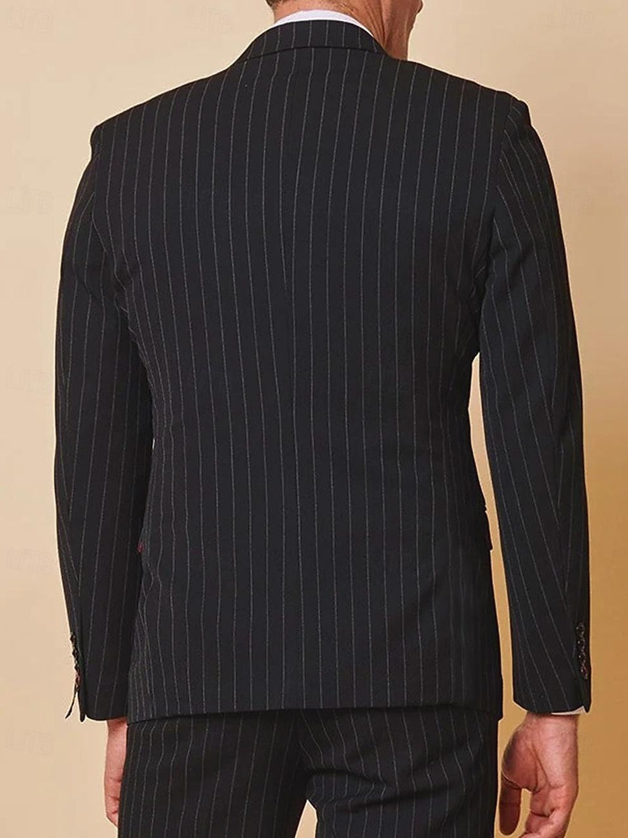 Men's Black Single-Breasted Two-Button Striped Suit For Weddings And Parties-BMbridal