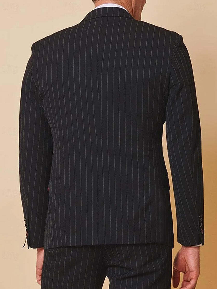 Men's Black Single-Breasted Two-Button Striped Suit For Weddings And Parties-BMbridal