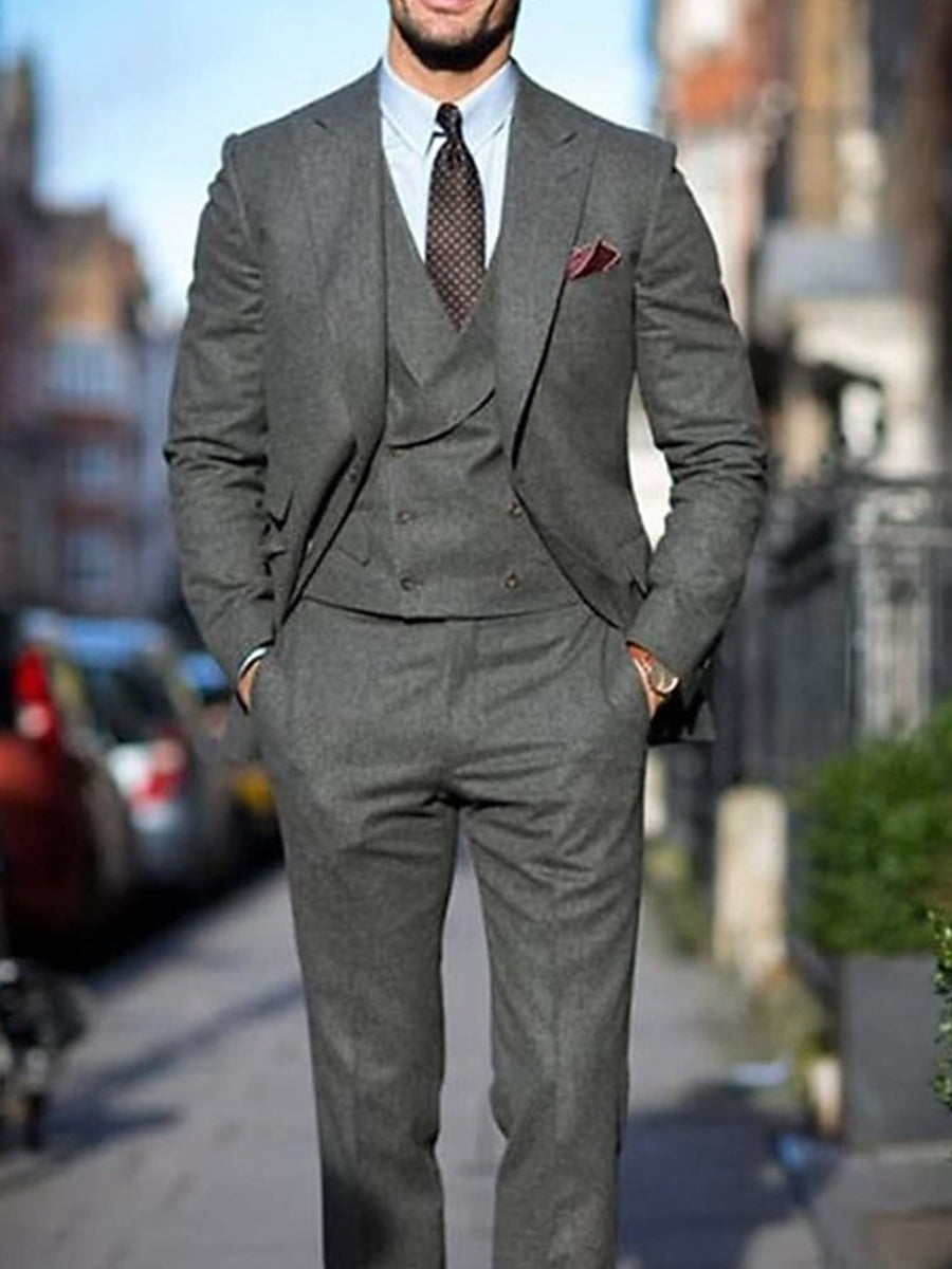 Men's Single Breasted Two-Button Wedding Suits In Dark Gray Peak Tweed-BMbridal
