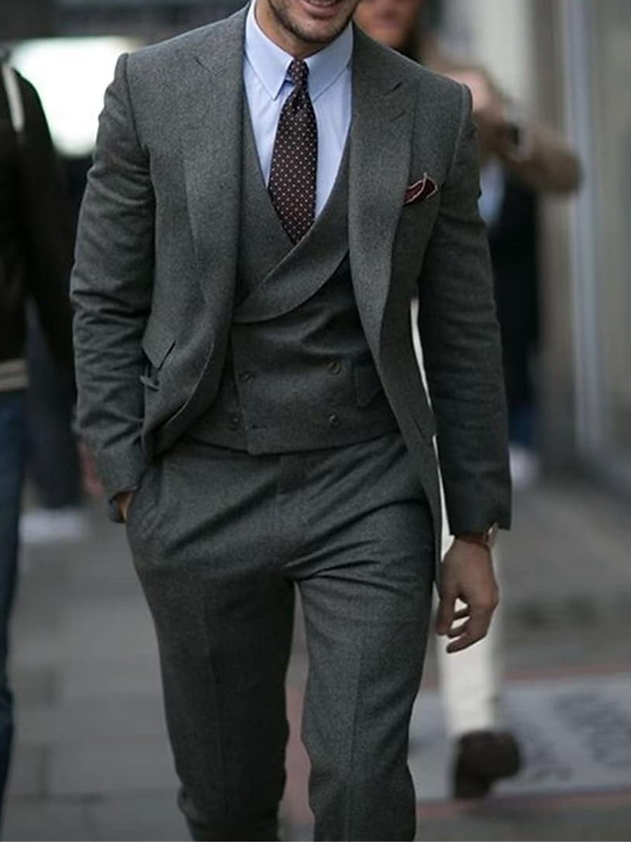 Men's Single Breasted Two-Button Wedding Suits In Dark Gray Peak Tweed-BMbridal