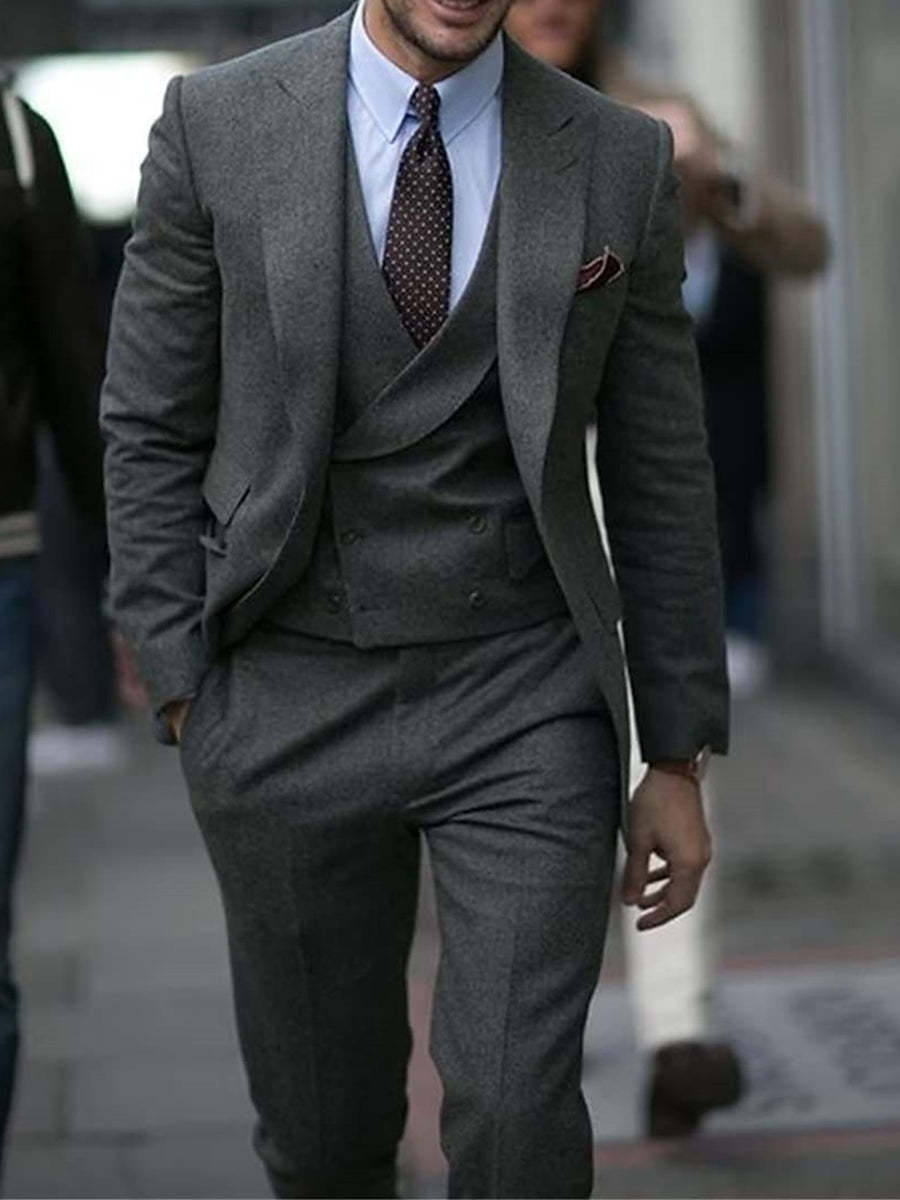 Men's Single Breasted Two-Button Wedding Suits In Dark Gray Peak Tweed-BMbridal