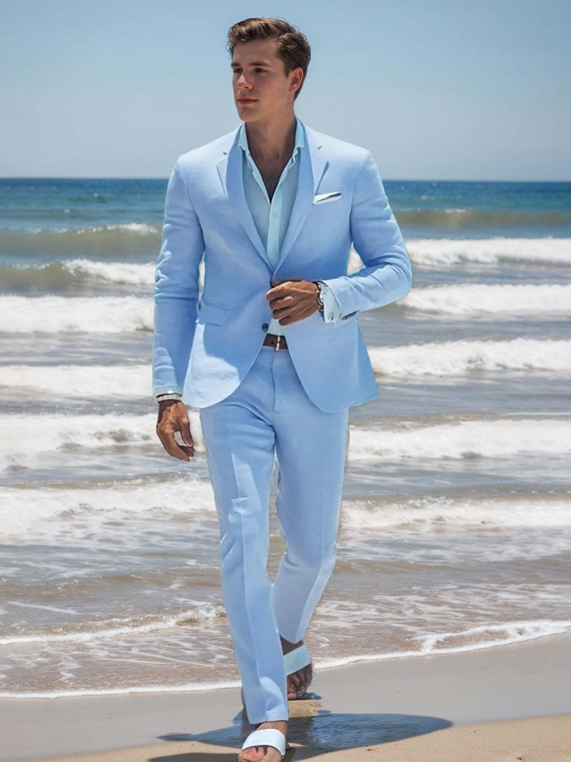 Men's Sky Blue Tailored Fit Two-Button Casual Beach Wedding Suit-BMbridal