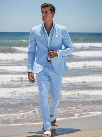 Men's Sky Blue Tailored Fit Two-Button Casual Beach Wedding Suit-BMbridal
