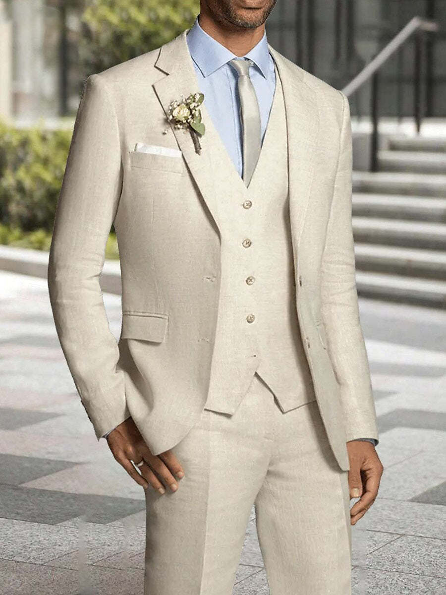 Standard Fit Men's Formal Three-Piece Single Breasted Two-Button Beach Wedding Suit-BMbridal