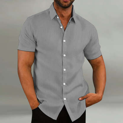 Men's Casual Short Sleeve Shirt With Lapel In Solid Color Breathable Fabric-BMbridal