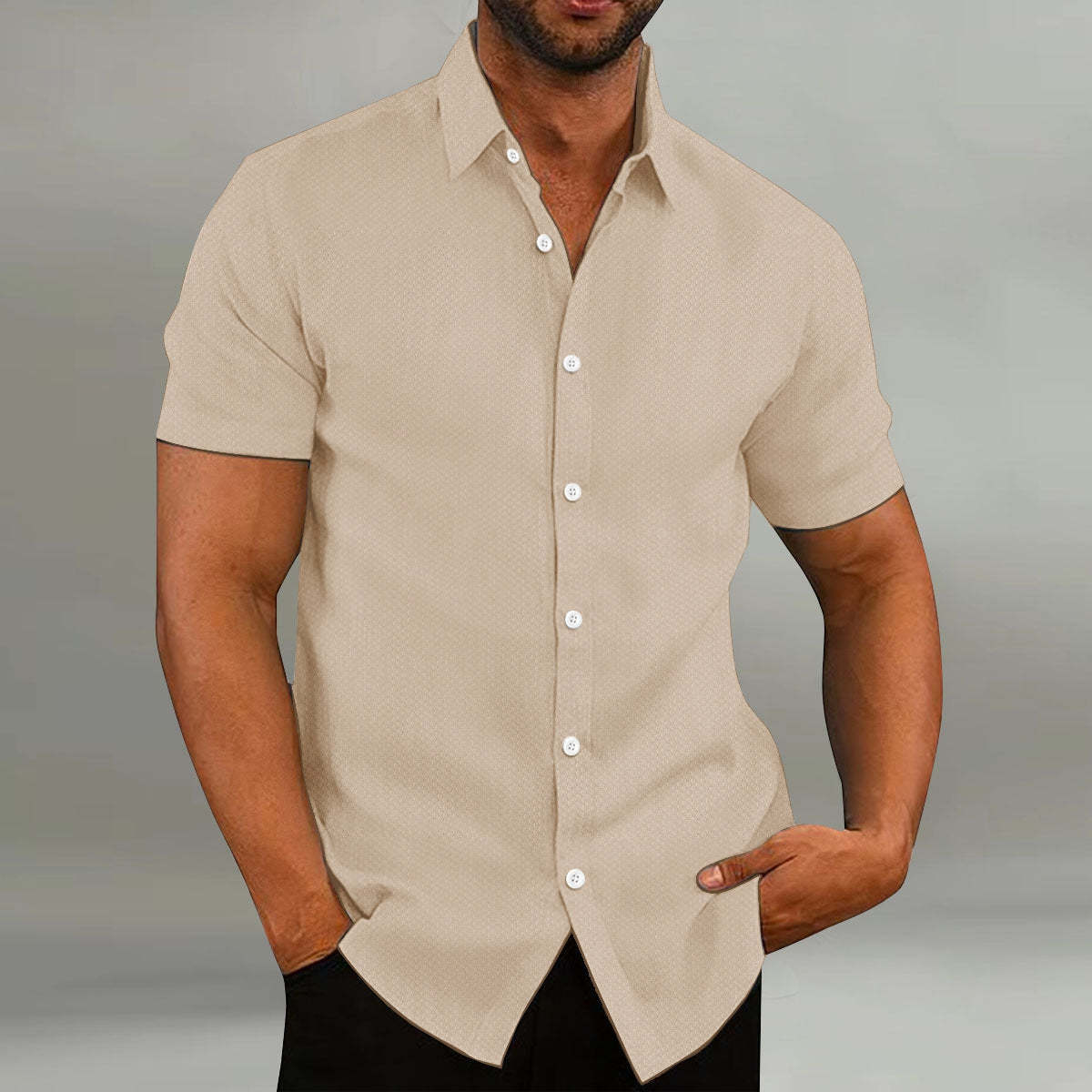 Men's Casual Short Sleeve Shirt With Lapel In Solid Color Breathable Fabric-BMbridal