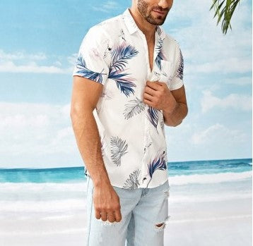 Short-Sleeve Casual Shirt For Men Featuring Leaf Print-BMbridal