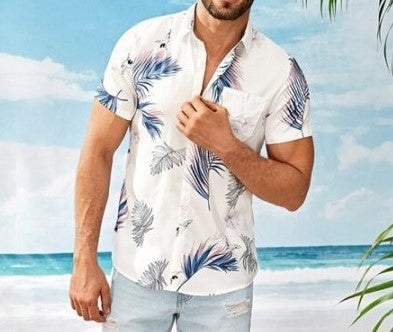 Short-Sleeve Casual Shirt For Men Featuring Leaf Print-BMbridal