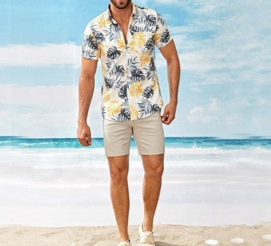 Short-Sleeve Casual Shirt For Men Featuring Leaf Print-BMbridal