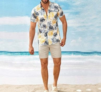 Short-Sleeve Casual Shirt For Men Featuring Leaf Print-BMbridal