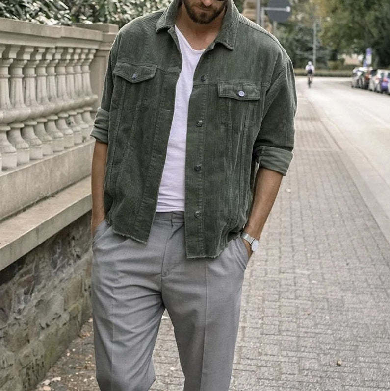 Casual Punk Corduroy Loose Jacket For Men With Long Sleeves And Pockets-BMbridal